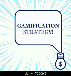 La grafia la scrittura di testo â€oegamificationâ€ strategia. Foto concettuale utilizza le ricompense per la motivazione integrare la meccanica di gioco isolato vista frontale discorso bolla Foto Stock