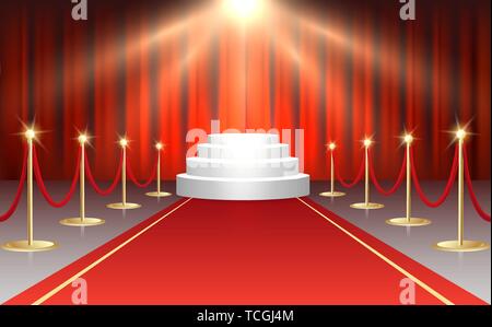 Evento red carpet, oro barriere e scale bianche sul podio tende rosse sfondo. Illustrazione Vettoriale. Illustrazione Vettoriale