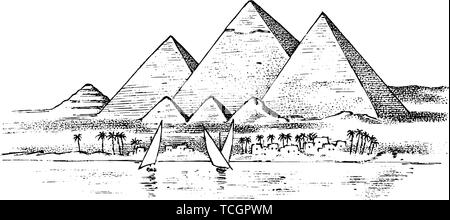 Sette Meraviglie del Mondo Antico. Grande Piramide di Giza. La grande costruzione dei greci. Disegnato a mano vintage inciso sketch. Illustrazione Vettoriale