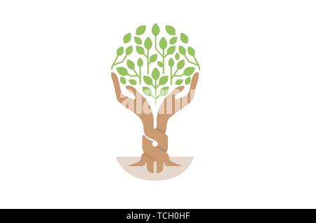 Creative due mani Tree equilibrio Logo Design Illustrazione del simbolo Illustrazione Vettoriale