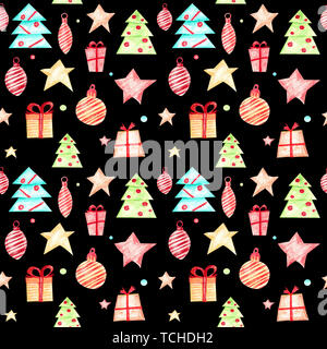 Festa di Natale pattern. Decorazioni di Natale per l'albero di Natale, stelle, doni, coriandoli, alberi di Natale. Luminoso colorato per il dono Foto Stock