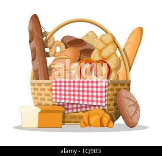 Icone di pane e cesto di vimini. Illustrazione Vettoriale