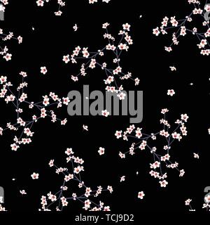 White Momo pesca fiore Seamless su sfondo nero. Illustrazione Vettoriale. Illustrazione Vettoriale