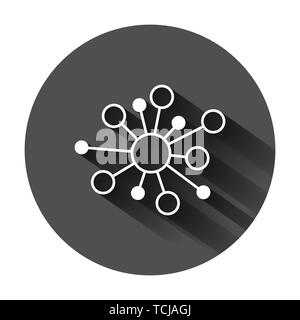 Hub di rete collegamento icona segno in stile appartamento. Molecola di DNA illustrazione vettoriale sul tondo nero lo sfondo con lunga ombra. Atomo di concetto di business. Illustrazione Vettoriale