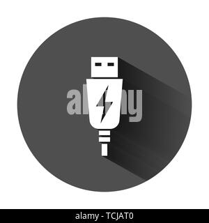 Cavo USB icona in stile appartamento. Caricatore elettrico illustrazione vettoriale sul tondo nero lo sfondo con lunga ombra. Adattatore batteria concetto di business. Illustrazione Vettoriale
