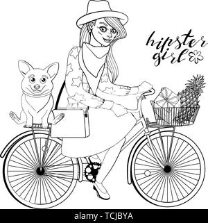 Giovane e bella ragazza hipster con un corgi in elegante abito vintage vintage di equitazione Bicicletta hipster con cestello. isolato su sfondo bianco. stock v Illustrazione Vettoriale