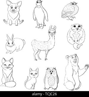 Set di simpatici animali isolati su sfondo bianco. red fox, OWL, coniglio, meerkat, gatto, corgi, bird, penguin e orso. in bianco e nero monocromatico. stoc Illustrazione Vettoriale