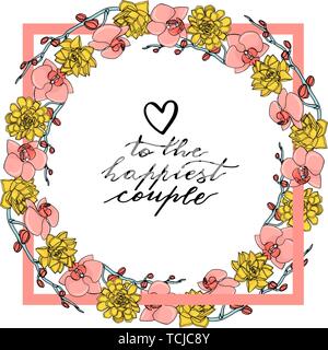 Disegnato a mano stile doodle succulente e orchid ghirlanda di fiori personalizzate con scritte a mano per il più felice della coppia.. design floreale. elemento isolato sulla Pentecoste Illustrazione Vettoriale