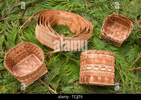 Rotolo di arrendevole Western Red Cedar corteccia interna e tre handmade Western Red Cedar canestri intrecciati da strisce di corteccia interna, giacente su Western Red Cedar b Foto Stock