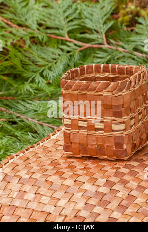 Tessuti a mano mat e cestello realizzato dal duttile di corteccia interna di un Western Red Cedar tree, poggiante su Western Red Cedar branchlets. Foto Stock