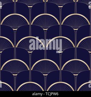 Gold Art Deco palme astratte su blu scuro Vector Seamless Pattern. Abstract egiziano sfondo geometrico. Art Deco blumi. Lussuose ed eleganti Flor della ventola Illustrazione Vettoriale