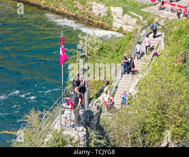 Schaffhausen, Vorarlberg, Svizzera - 20 Aprile 2019: Rock Observation Deck nel mezzo di Rheinfall (cascate del Reno) sul fiume Rhein (Reno) Foto Stock