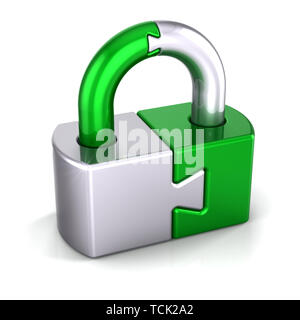 Puzzle Lock argento verde, il lucchetto chiuso, protezione della sicurezza enigma, icona enigma concetto. 3d illustrazione isolato Foto Stock