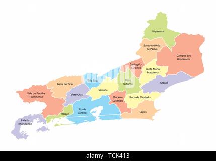 Una colorata mappa di stato di Rio de Janeiro diviso in regioni, Brasile Illustrazione Vettoriale