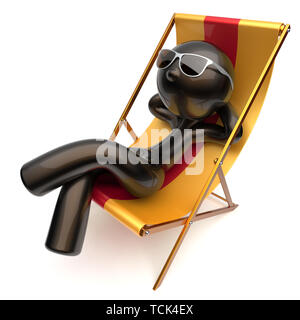 Spensierata uomo agghiacciante stilizzata spiaggia rilassante sedia a sdraio occhiali da sole esterna di estate comfort cartoon carattere nero sdraio chaise lounge sunbathin Foto Stock