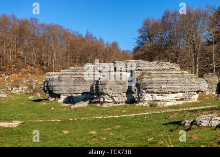 I monoliti di pietra calcarea. Insolito erosione carsica formazioni nel Parco Naturale Regionale della Lessinia (Valle delle Sfingi), Veneto, Verona, Italia, Europa Foto Stock