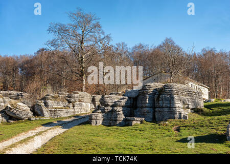 I monoliti di pietra calcarea. Insolito erosione carsica formazioni nel Parco Naturale Regionale della Lessinia (Valle delle Sfingi), Veneto, Verona, Italia, Europa Foto Stock