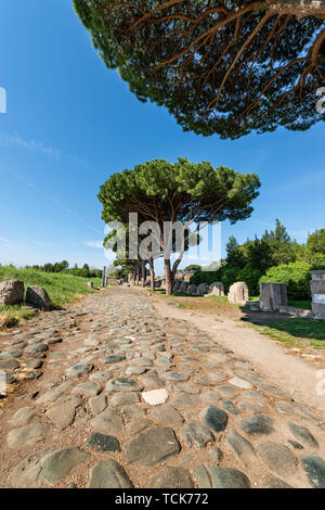 Il Decumanus Maximus, antica strada romana a Ostia Antica colonia fondata nel VII secolo A.C. Sito archeologico di Roma, patrimonio mondiale dell UNESCO, Italia Foto Stock