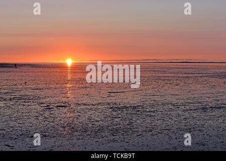 Tramonto sul mare di Wadden vicino a Neuharlingersiel, Frisia orientale, Bassa Sassonia, Germania Foto Stock