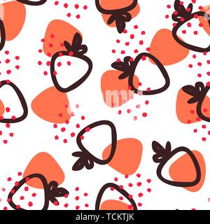 Fragola polka dot disegnare a mano rosa, marrone Seamless Pattern carino. Estate luminoso sfondo infinito per bambino disegno di tessuto, carta da imballaggio, sfondo, Illustrazione Vettoriale