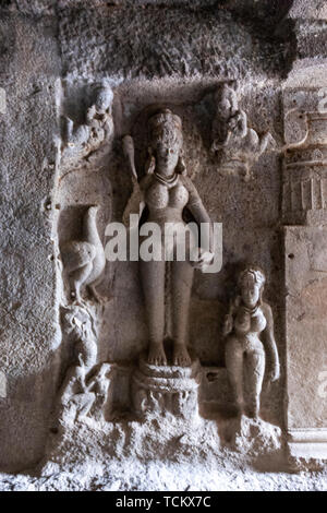 Falegname (Grotta Grotta buddista 10), Grotte di Ellora, rock-cut-monastero grotta del tempio, Aurangabad distretto di Maharashtra, India. Foto Stock