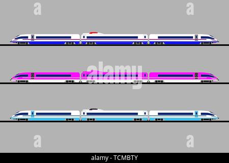 Piatto di vettore illustrazione di tre colori diversi passeggeri treni express. Ciascun treno ad alta velocità è due locomotori e di un'autovettura. Per il catalogo Illustrazione Vettoriale