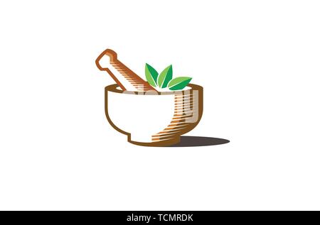 Creative Green Herbal Pharmacy mortar Logo Vector Symbol Design Illustrazione Vettoriale