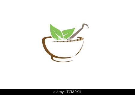 Creative Green Herbal Pharmacy mortar Logo Vector Symbol Design Illustrazione Vettoriale