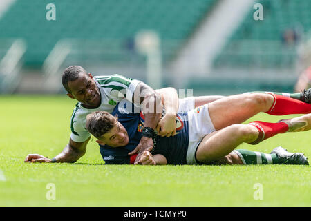 Londra, Regno Unito. 08th, Giu 2019. Contrassegnare l'Irlanda della Cumbria è affrontato nel corso di Bill Beaumont County campionato 3 Divisione partita finale betwee Cumbria vs Dorset & Wilts a Twickenham Stadium di Sabato, 08 giugno 2019. Londra Inghilterra . (Solo uso editoriale, è richiesta una licenza per uso commerciale. Nessun uso in scommesse, giochi o un singolo giocatore/club/league pubblicazioni.) Credito: Taka G Wu/Alamy Live News Foto Stock