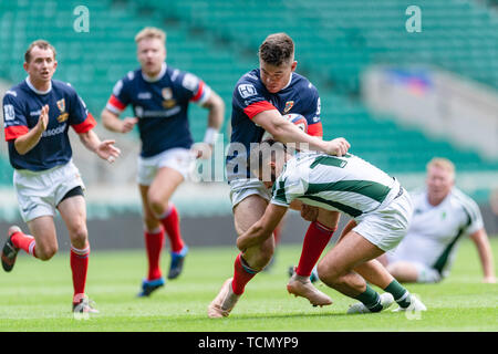 Londra, Regno Unito. 08th, Giu 2019. Contrassegnare l'Irlanda della Cumbria è affrontato nel corso di Bill Beaumont County campionato 3 Divisione partita finale betwee Cumbria vs Dorset & Wilts a Twickenham Stadium di Sabato, 08 giugno 2019. Londra Inghilterra . (Solo uso editoriale, è richiesta una licenza per uso commerciale. Nessun uso in scommesse, giochi o un singolo giocatore/club/league pubblicazioni.) Credito: Taka G Wu/Alamy Live News Foto Stock