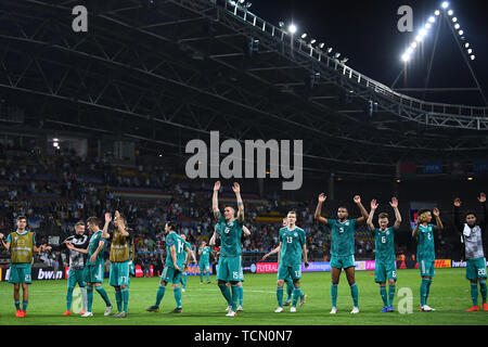 Finale di giubilo. GES/calcio/Qualificazioni europee: Bielorussia - Germania, 08.06.2019 Calcetto: Qualificazioni europee: Bielorussia vs. Germania, Minsk, Giugno 8, 2019 | Utilizzo di tutto il mondo Foto Stock