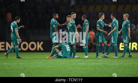 Il giubilo dopo il fischio finale. GES/calcio/Qualificazioni europee: Bielorussia - Germania, 08.06.2019 Calcetto: Qualificazioni europee: Bielorussia vs. Germania, Minsk, Giugno 8, 2019 | Utilizzo di tutto il mondo Foto Stock