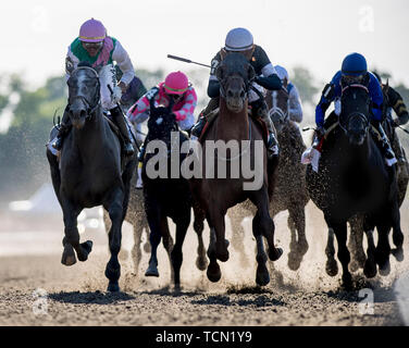 Elmont, NY, STATI UNITI D'AMERICA. 8 Giugno, 2035. Giugno 8, 2019 : #7, Sir Winston, cavalcato da Joel jockey Rosario, vince la 151st Belmont Stakes su Belmont Stakes Festival sabato a Belmont Park di Elmont, New York. Alex Evers/Eclipse Sportswire/CSM/Alamy Live News Foto Stock