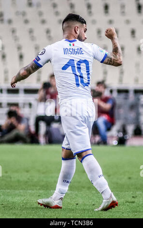 Atene, Grecia. 8 Giugno, 2019. L'Italia Lorenzo Insigne celebra il punteggio durante UEFA EURO 2020 Gruppo J il qualificatore soccer match in Atene, Grecia, Giugno 8, 2019. Credito: Panagiotis Moschandreou/Xinhua/Alamy Live News Foto Stock