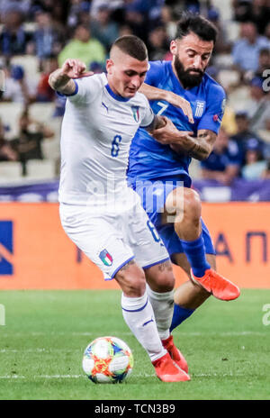 Atene, Grecia. 8 Giugno, 2019. Italia Marco Verratti compete durante UEFA EURO 2020 Gruppo J il qualificatore soccer match in Atene, Grecia, Giugno 8, 2019. Credito: Panagiotis Moschandreou/Xinhua/Alamy Live News Foto Stock