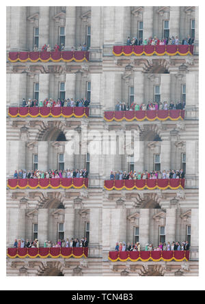 Londra REGNO UNITO. 8 Giugno 2019. Immagine composita: i membri della famiglia reale sul balcone di Buckingham Palace sulla regina della festa di compleanno Credito: amer ghazzal/Alamy Live News Foto Stock