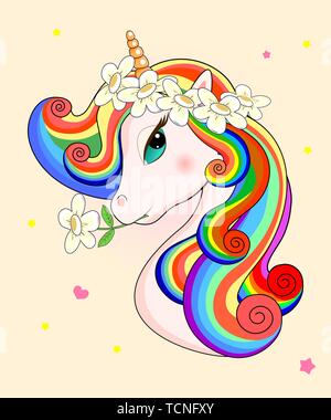 Bellissimo unicorno con fiori sulla sua testa su un sfondo beige. Testa di un unicorno con un multi-colore mane. Illustrazione Vettoriale