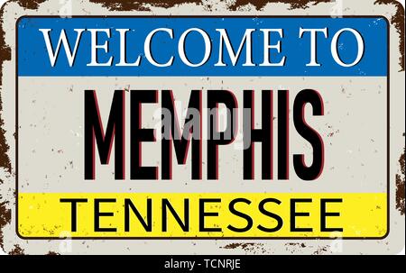 Benvenuti a Memphis vintage metallo arrugginito segno su uno sfondo bianco, illustrazione vettoriale Illustrazione Vettoriale