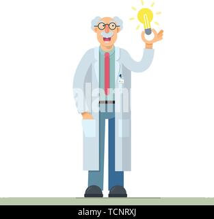 Carino illustrazione vettoriale di scienziato inventore in stile piatto Illustrazione Vettoriale
