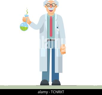 Carino illustrazione vettoriale di scienziato inventore in stile piatto Illustrazione Vettoriale