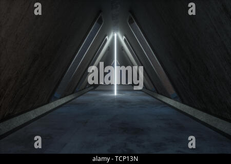 Fantasia di calcestruzzo costruzione di tunnel incandescente con la luce al neon. Il rendering 3d. Computer sfondo digitale. Foto Stock