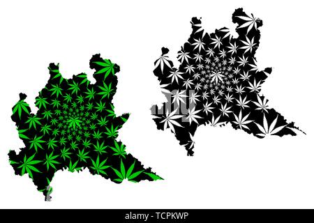 Lombardia (regione autonoma di Italia, Repubblica italiana) mappa è progettato Cannabis leaf verde e nero, lombardia mappa fatta di marijuana (marihuana,THC) Illustrazione Vettoriale