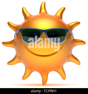 Smile sun occhiali da sole allegro star volto estate cartoon smiley emoticon a sfera. Felice di calore di sole giallo arancio persona icona. Sorridente carattere ridere Foto Stock