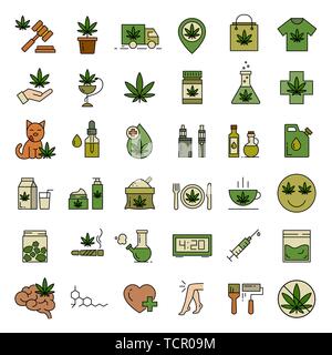 Icone di cannabis. Set di marijuana medica icone. Il consumo di droga. La legalizzazione della marijuana. Isolato illustrazione vettoriale su sfondo bianco. Illustrazione Vettoriale