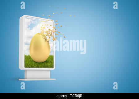 3D rendering di infodisplay digitale con Golden Egg sciogliendo in particelle sullo schermo su sfondo blu con una copia dello spazio. Foto Stock