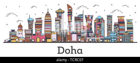 Outline Qatar Doha skyline della città con edifici di colore isolato su bianco. Illustrazione Vettoriale. Paesaggio urbano di Doha con punti di riferimento. Illustrazione Vettoriale