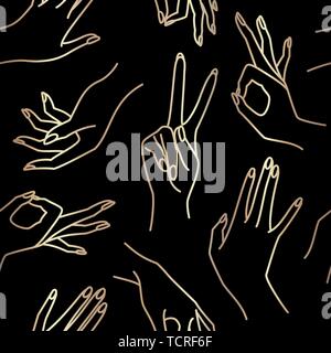 Donna linea mano nero e oro seamless pattern. Vettore sfondo infinito di mani femminili di vari gesti - vittoria, okay. Lineart in un minim Illustrazione Vettoriale