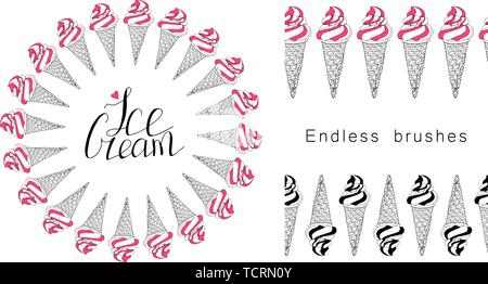 Set di vettore frontiere senza giunture. Infinite spazzola orizzontale. Cerchio di elementi. Disegnata a mano di gelati in cono di cialda. Lettering.Calligraphy La frase Illustrazione Vettoriale