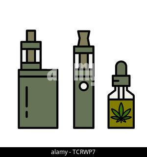 La Cannabis liquido per Vaping. Vape olio di marijuana. La Cannabis vaporizzatore. E-sigaretta per vaping. Isolato illustrazione vettoriale su sfondo bianco. Illustrazione Vettoriale