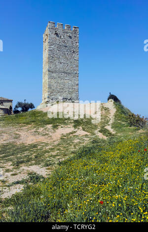 Torre Bizantina in comune di Nea Fokea, Kassandra, Calcidica, Macedonia centrale, Grecia Foto Stock